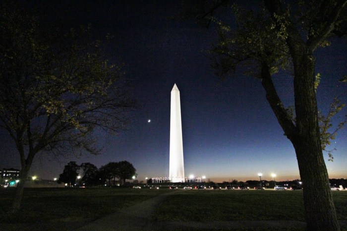 Washington Monument at night.