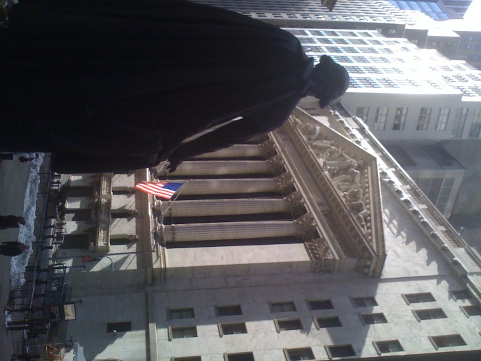 View of the New York Stock Exchange across Wall Street.